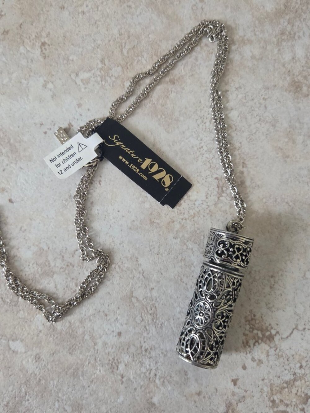 **1928 Jewelry Company** Antiqued Filigree Glass Vial Pendant Necklace 30"